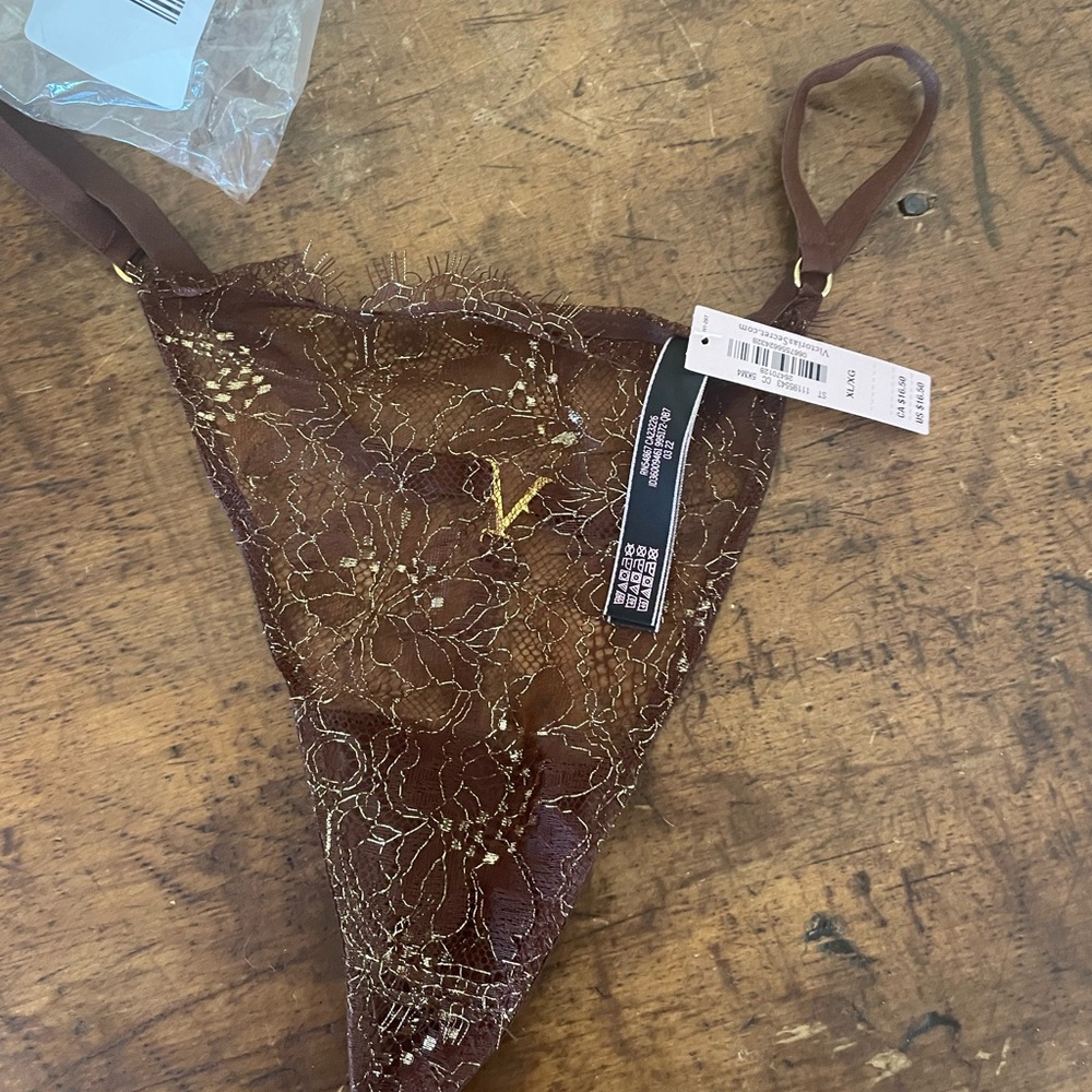NWT VICTORIA'S SECRET xLARGE BROWN GOLD SHINE LACE V LOGO V STRING PANTIES